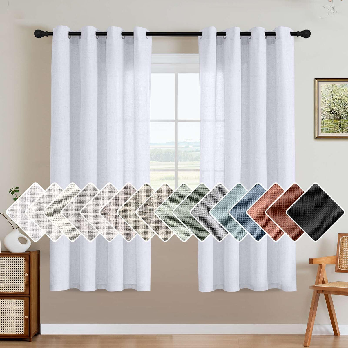 H.VERSAILTEX Natural Linen Grommet Curtains 84 Inch Length for Living Room 2 Panel Drape Semi Sheer Neutral Country Rustic Farmhouse Boho Curtain Bedroom Muslin Look Light Filtering, Heathered Natural
