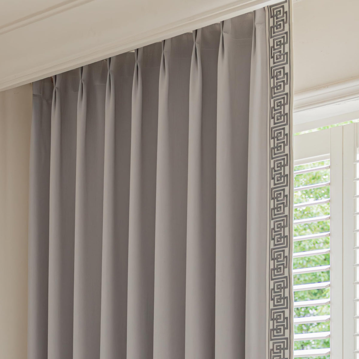 VisionaryHomeDesign Blue Pinch Pleat Cotton Linen Blend Curtains, Drapes with Greek Key Trim, Room Darkening Curtains for Rooms Doors Windows (50‘’W x 84‘’L)