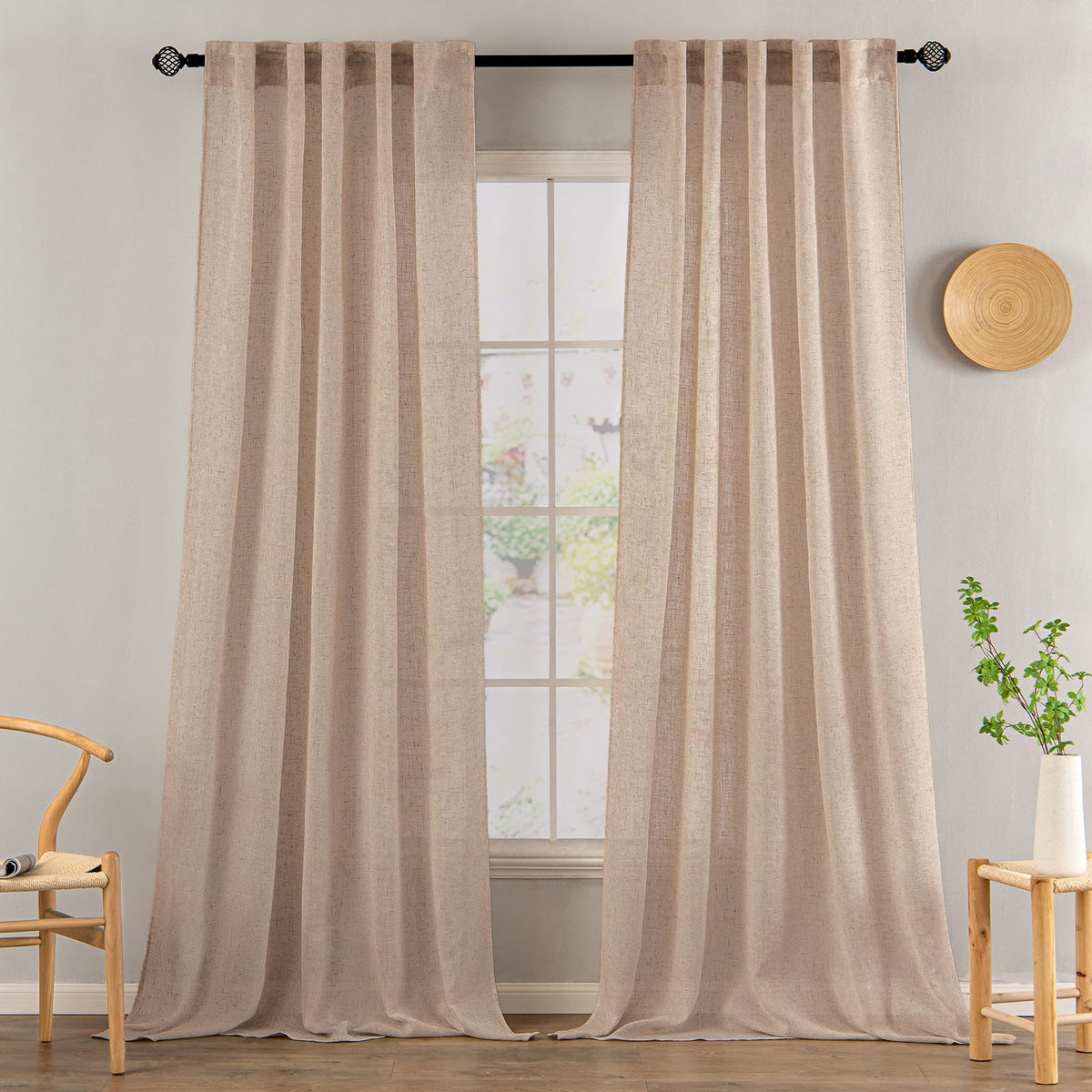 MIULEE Natural White Linen Curtains 52x96 Inch Long 2 Panels for Bedroom
