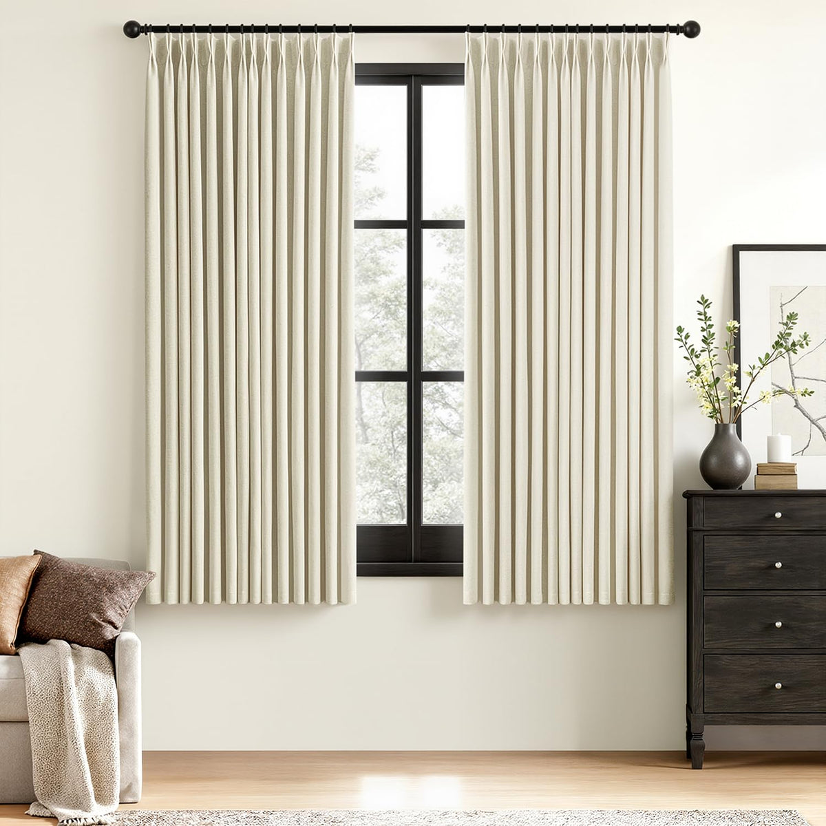 MIULEE Olive Green Pinch Pleated 100% Blackout Linen Curtains 40x108 Inches