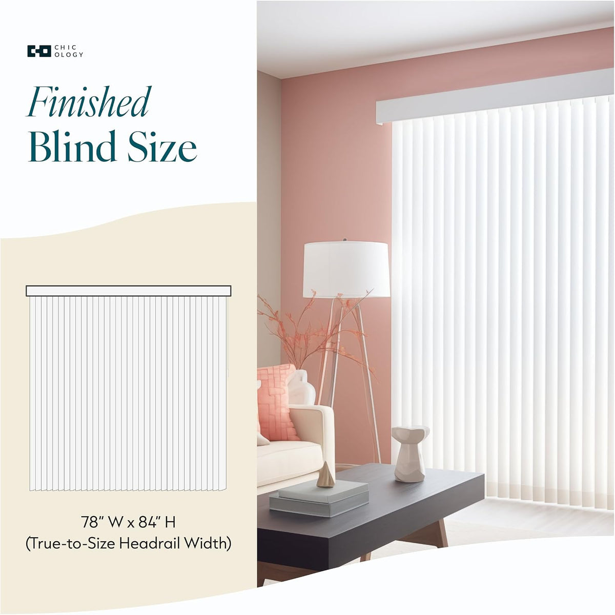CHICOLOGY Vertical Blinds, Oxford White (Vinyl), 3.5" PVC, 78" W x 84" H