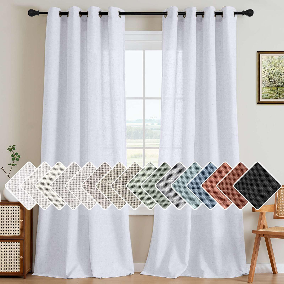 H.VERSAILTEX Natural Linen Grommet Curtains 84 Inch Length for Living Room 2 Panel Drape Semi Sheer Neutral Country Rustic Farmhouse Boho Curtain Bedroom Muslin Look Light Filtering, Heathered Natural