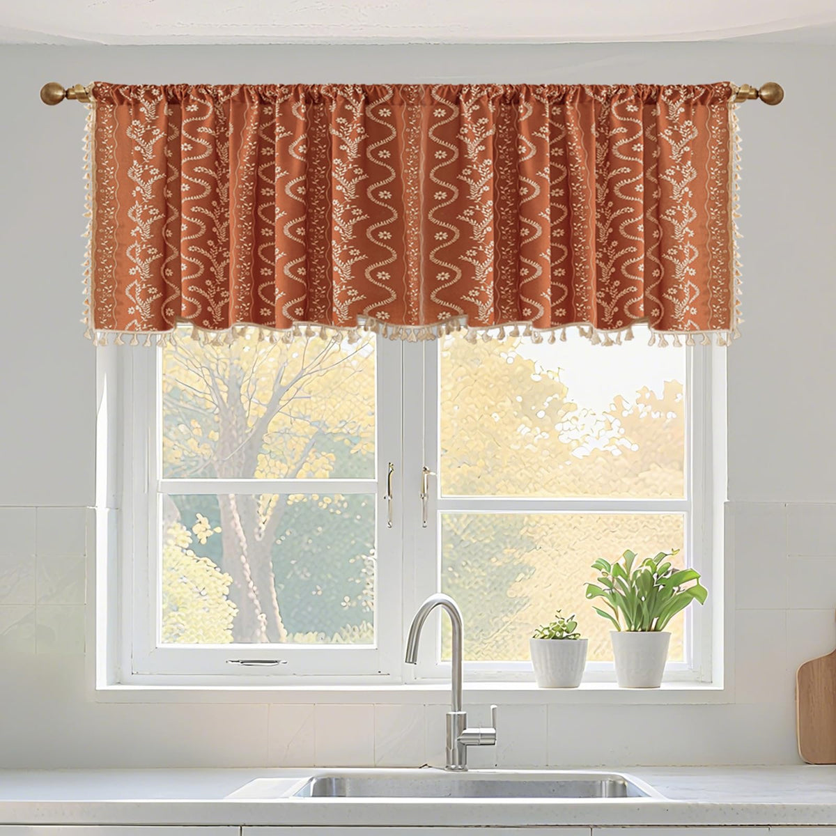 Navy Blue Boho Curtains 72 Inch Long for Living Room, Bedroom, 2 Panels Floral Farmhouse Vintage Tassel Semi Sheer Light Filtering Privacy Window Curtain Drapes with Rod Pocket, Navy Blue