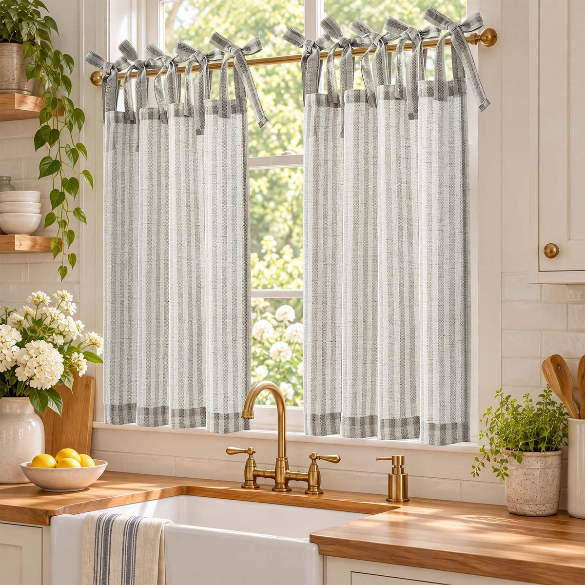jinchan Striped Linen Kitchen Curtains 36 Inches Length Tier Curtains Farmhouse Modern Cafe Style Small Window Treatments Airy Light Filtering Rod Pocket for Living Room Bathroom 2 Panels Sage Green