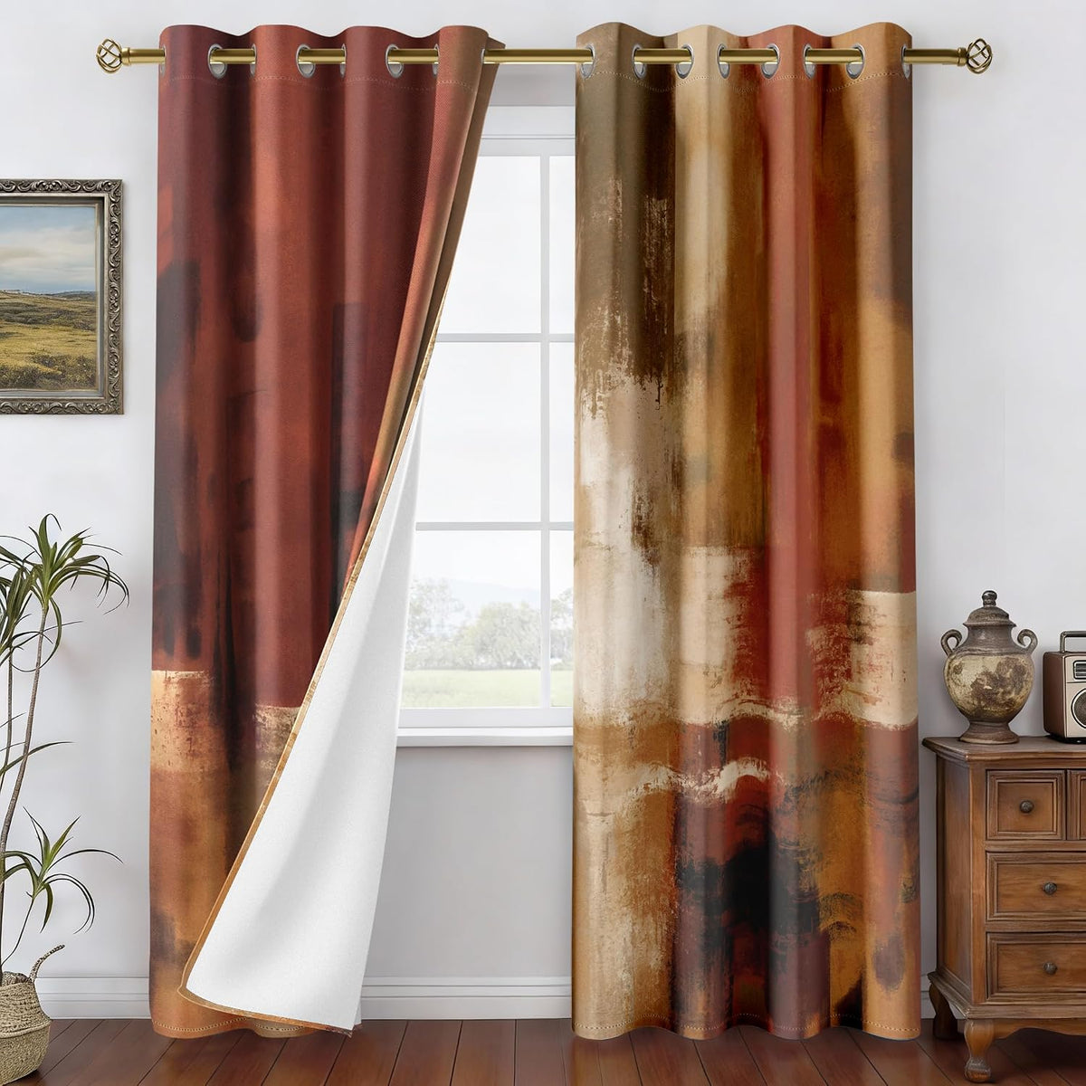 Burnt Orange Abstract Curtains for Living Room Bedroom, 52W x 84L, 2 Panels