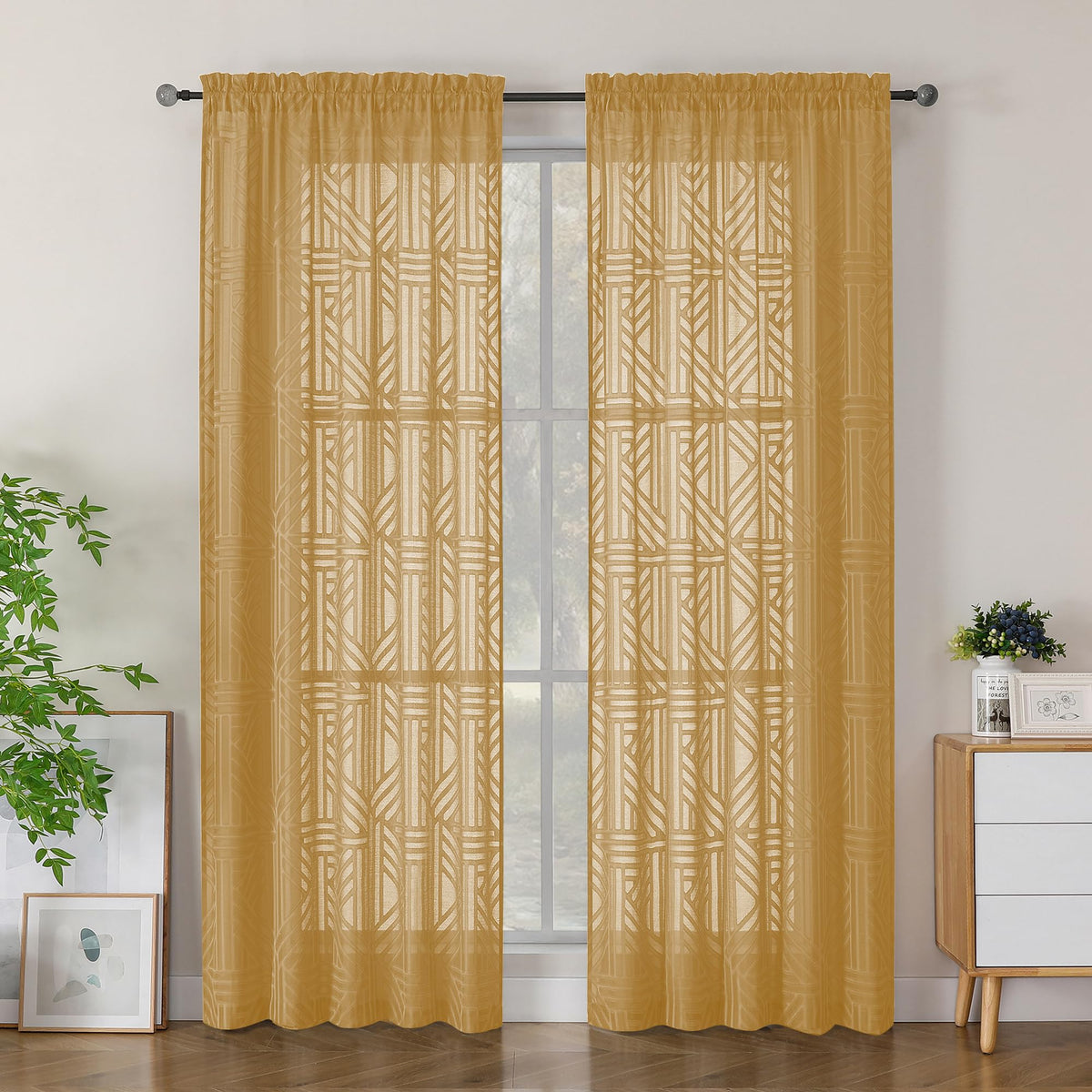 Simplebrand Dusty Blue Semi Sheer Curtains 45 Inch Length 2 Panels, Geometric Jacquard Clip Textured Short Sheer Curtains for Bedroom，Modern Elegant Window Curtains Drapes/Treatment Sheer，42x45 inch