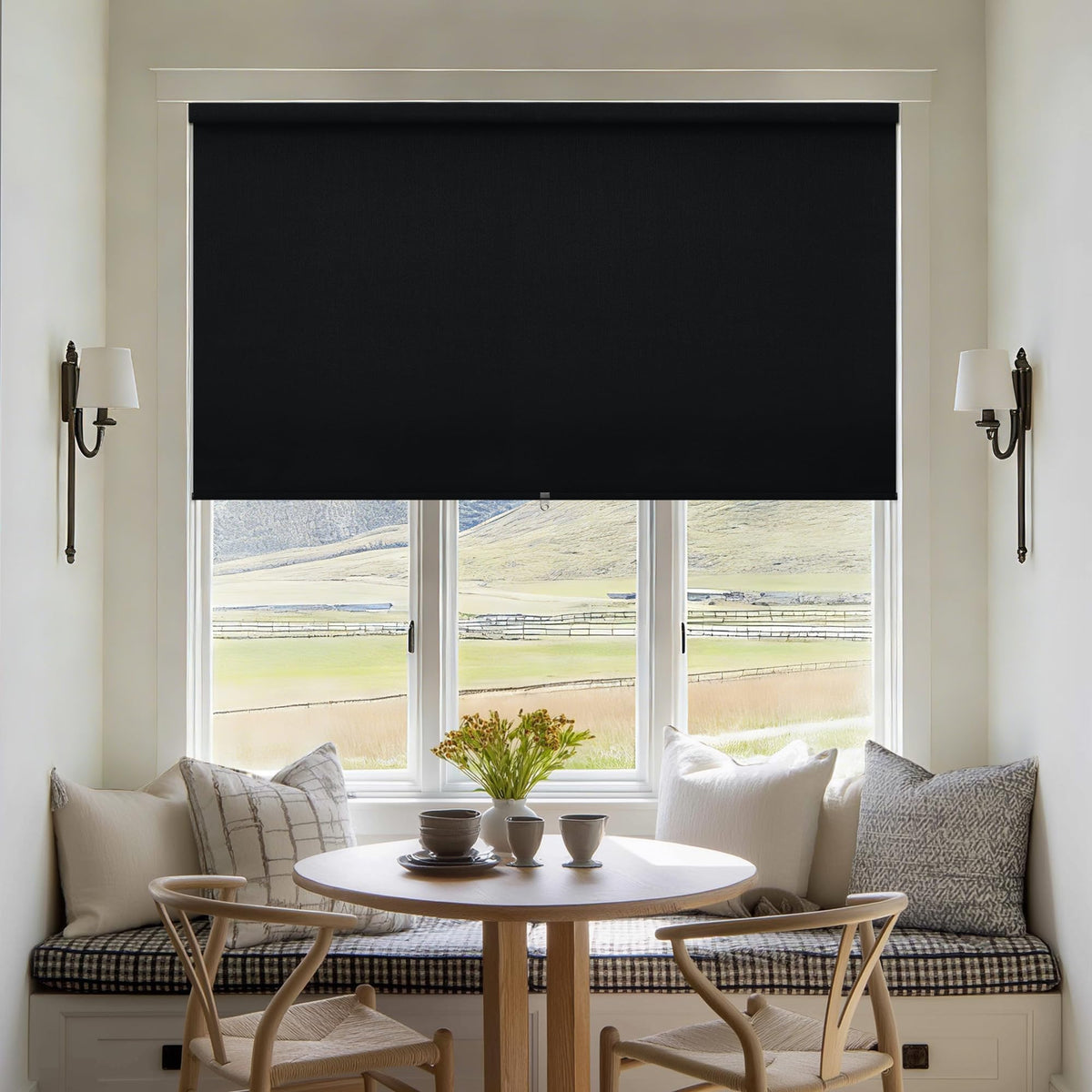 Blackout Roller Shades for Bedroom Window Cordless Free-Stop Blinds with Valance UV Protection 100% Black Out Linen Shades Blinds for Indoor Bathroom Windows Living Room Beige Oatmeal 34" W x 72" H