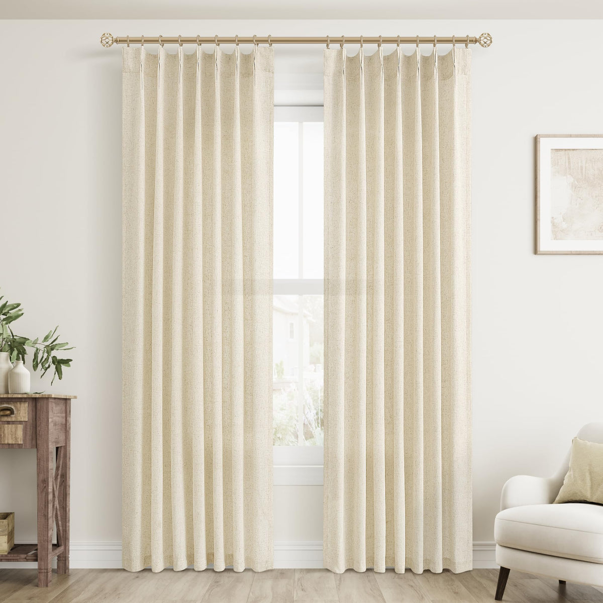 Aersas Linen Pinch Pleated Curtains 84 Inch Length 2 Panels Set for Living Room Cream Semi Sheer Window Curtain for Bedroom Boho Farmhouse Neutral Back Tab Drape Decor with Hooks, Natural Beige Ivory
