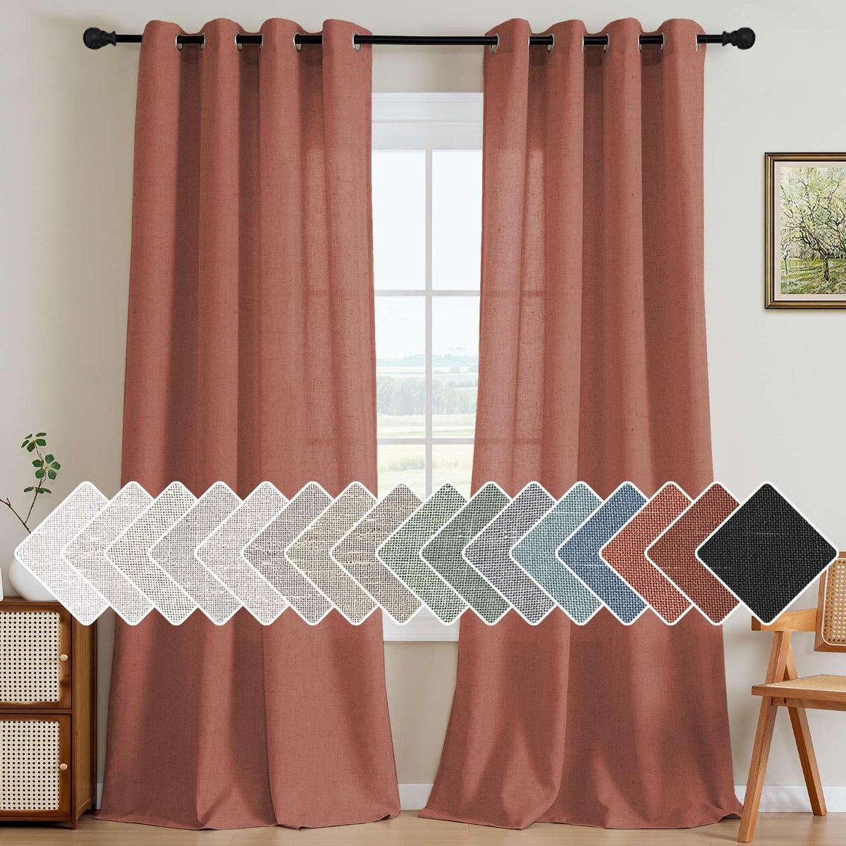 H.VERSAILTEX Natural Linen Grommet Curtains 84 Inch Length for Living Room 2 Panel Drape Semi Sheer Neutral Country Rustic Farmhouse Boho Curtain Bedroom Muslin Look Light Filtering, Heathered Natural
