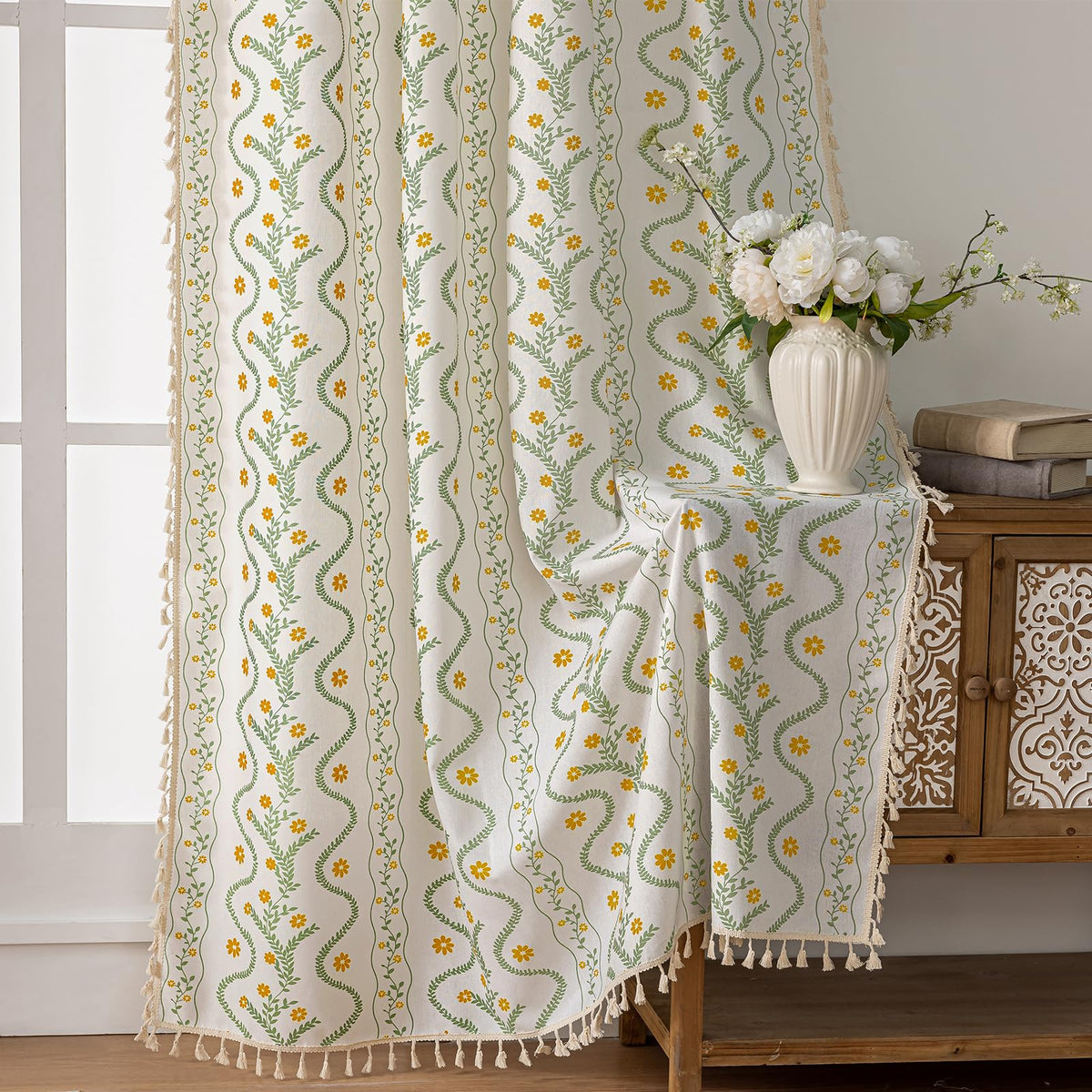 Navy Blue Boho Curtains 72 Inch Long for Living Room, Bedroom, 2 Panels Floral Farmhouse Vintage Tassel Semi Sheer Light Filtering Privacy Window Curtain Drapes with Rod Pocket, Navy Blue
