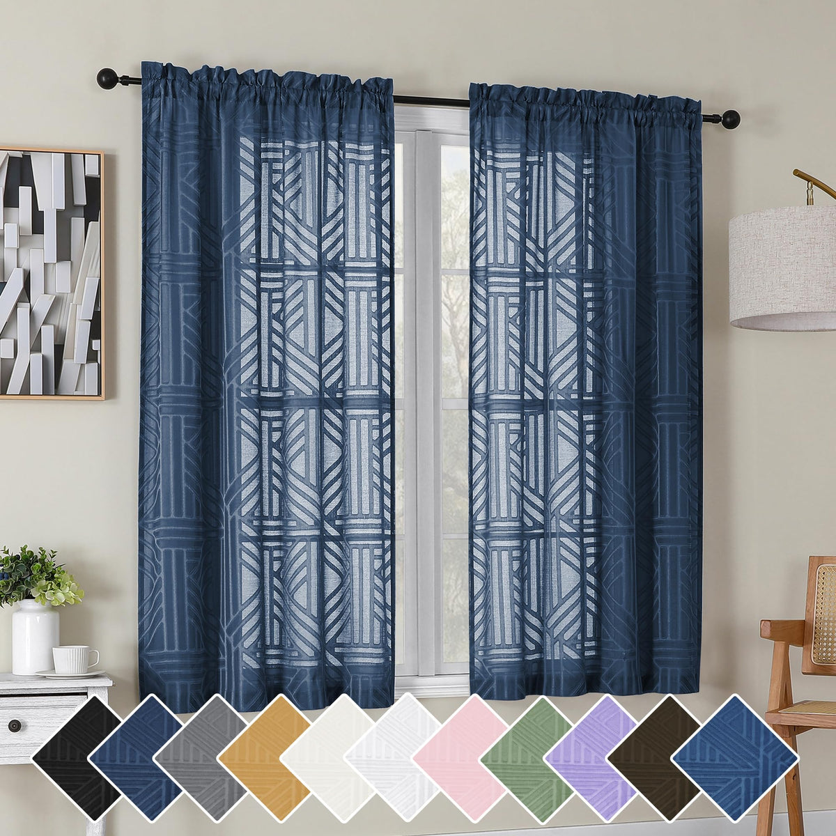 Simplebrand Dusty Blue Semi Sheer Curtains 45 Inch Length 2 Panels, Geometric Jacquard Clip Textured Short Sheer Curtains for Bedroom，Modern Elegant Window Curtains Drapes/Treatment Sheer，42x45 inch