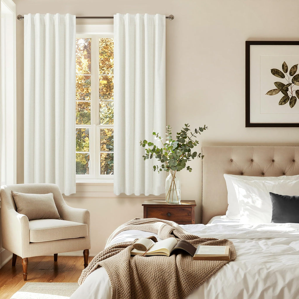 Natural Linen Back Tab Blackout Curtains & Drapes 96 Inch Long for Bedroom Livingroom Farmhouse Curtain 2 Panel Neutral Cute Black Out Room Darkening Thermal Insulated 8ft Pleated Window Curtain Cream