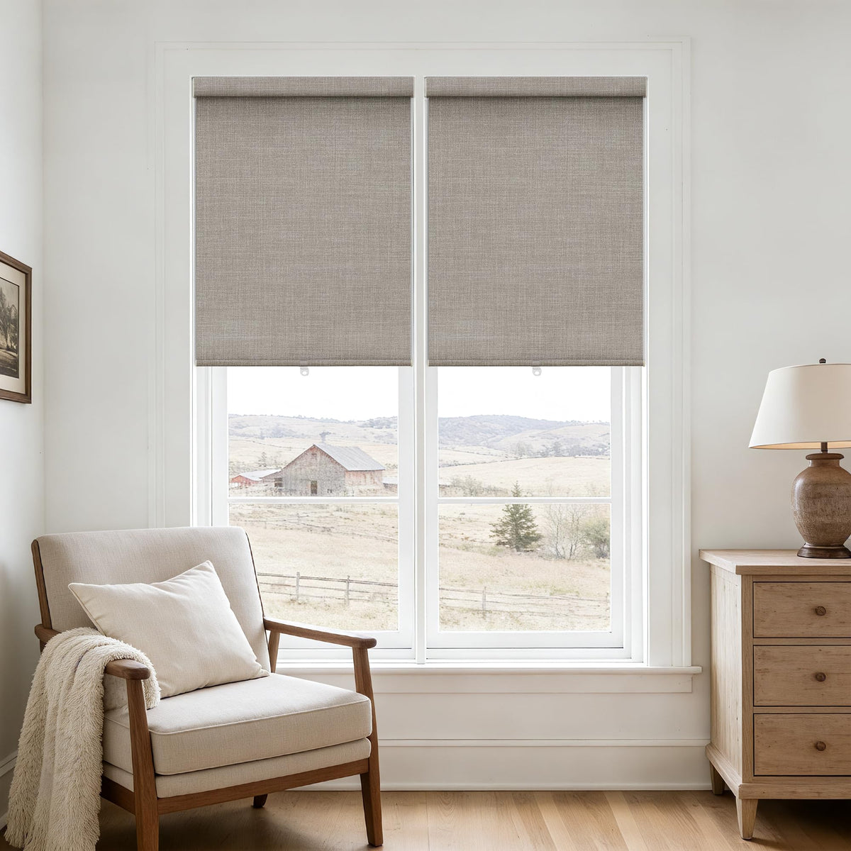 Blackout Roller Shades for Bedroom Window Cordless Free-Stop Blinds with Valance UV Protection 100% Black Out Linen Shades Blinds for Indoor Bathroom Windows Living Room Beige Oatmeal 34" W x 72" H
