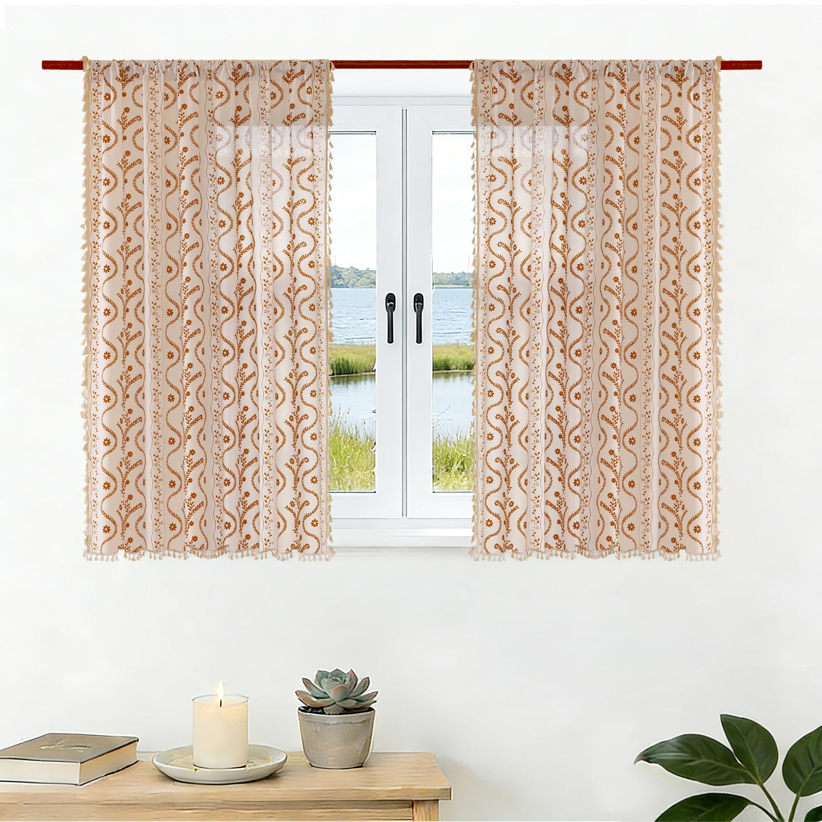Navy Blue Boho Curtains 72 Inch Long for Living Room, Bedroom, 2 Panels Floral Farmhouse Vintage Tassel Semi Sheer Light Filtering Privacy Window Curtain Drapes with Rod Pocket, Navy Blue