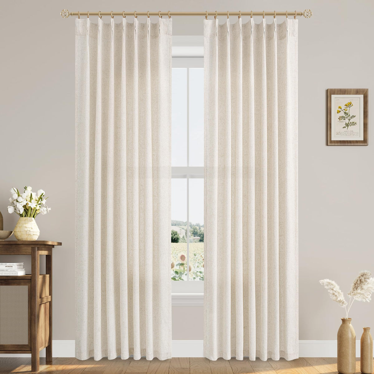 Aersas Linen Pinch Pleated Curtains 84 Inch Length 2 Panels Set for Living Room Cream Semi Sheer Window Curtain for Bedroom Boho Farmhouse Neutral Back Tab Drape Decor with Hooks, Natural Beige Ivory