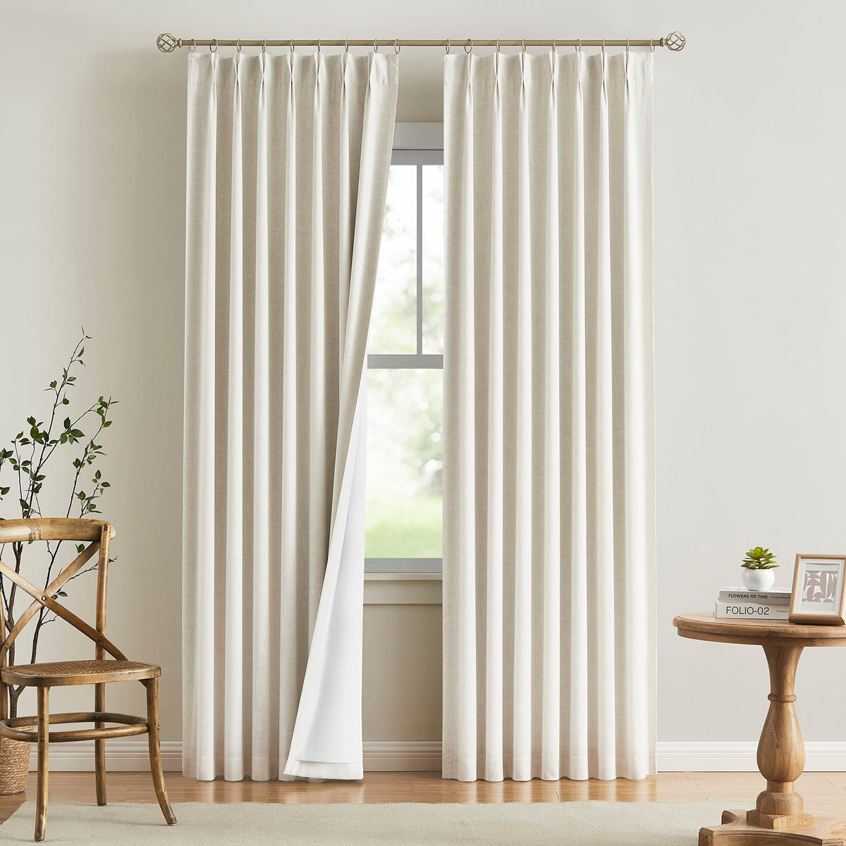 Vision Home Natural Pinch Pleated Full Blackout Curtains Linen Blended Room Darkening Window Curtains 108 inch for Living Room Bedroom Thermal Insulated Pinch Pleat Drapes with Hooks 40" Wx108 Lx2