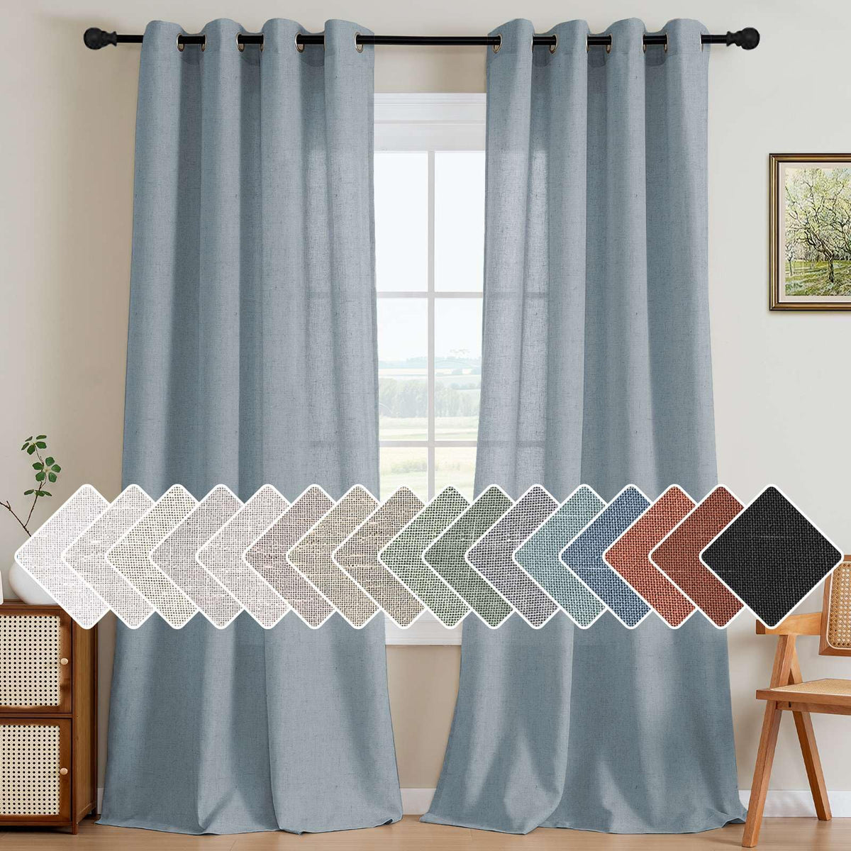 H.VERSAILTEX Natural Linen Grommet Curtains 84 Inch Length for Living Room 2 Panel Drape Semi Sheer Neutral Country Rustic Farmhouse Boho Curtain Bedroom Muslin Look Light Filtering, Heathered Natural