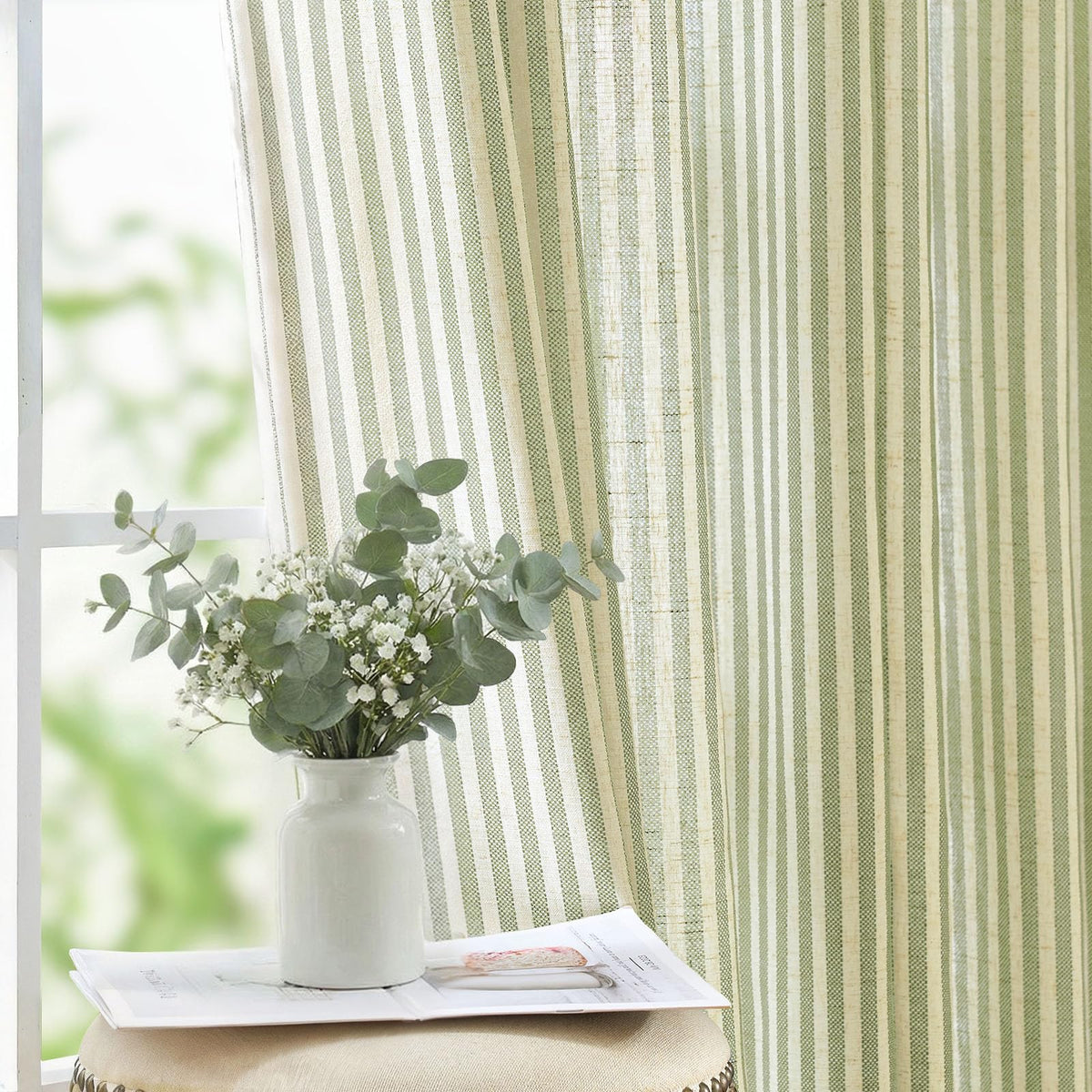 jinchan Linen Curtains 84 Inch Taupe Stripe on Linen Grommet 2 Panels