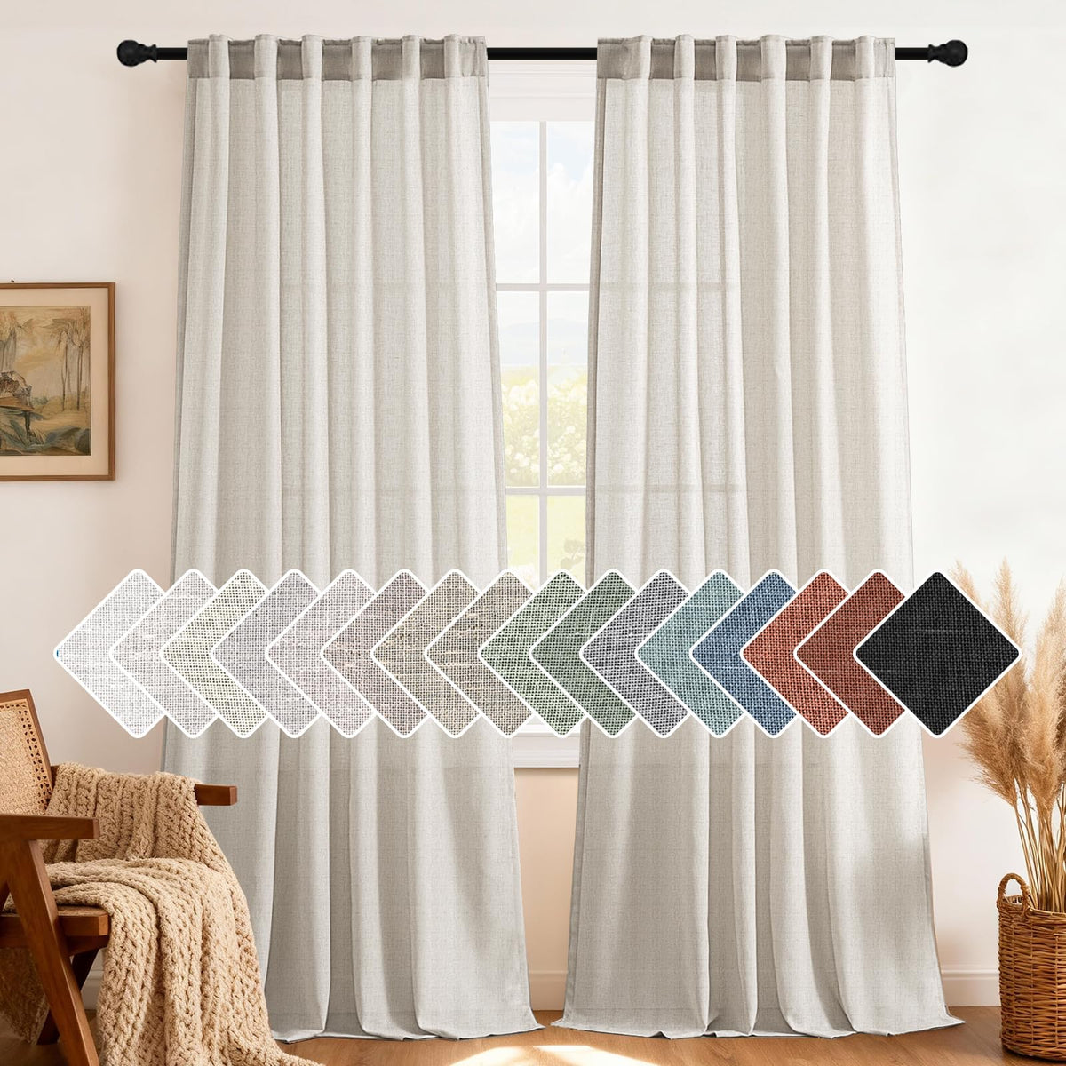H.VERSAILTEX Natural Linen Grommet Curtains 84 Inch Length for Living Room 2 Panel Drape Semi Sheer Neutral Country Rustic Farmhouse Boho Curtain Bedroom Muslin Look Light Filtering, Heathered Natural