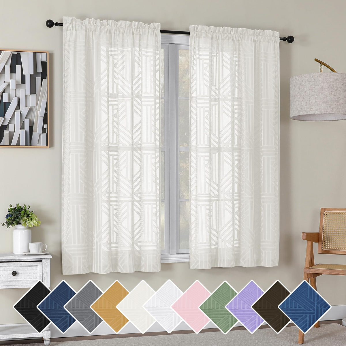 Simplebrand Dusty Blue Semi Sheer Curtains 45 Inch Length 2 Panels, Geometric Jacquard Clip Textured Short Sheer Curtains for Bedroom，Modern Elegant Window Curtains Drapes/Treatment Sheer，42x45 inch