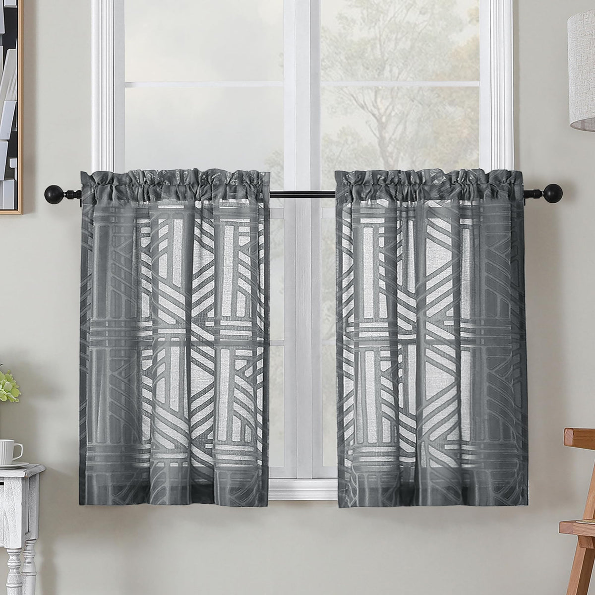 Simplebrand Dusty Blue Semi Sheer Curtains 45 Inch Length 2 Panels, Geometric Jacquard Clip Textured Short Sheer Curtains for Bedroom，Modern Elegant Window Curtains Drapes/Treatment Sheer，42x45 inch
