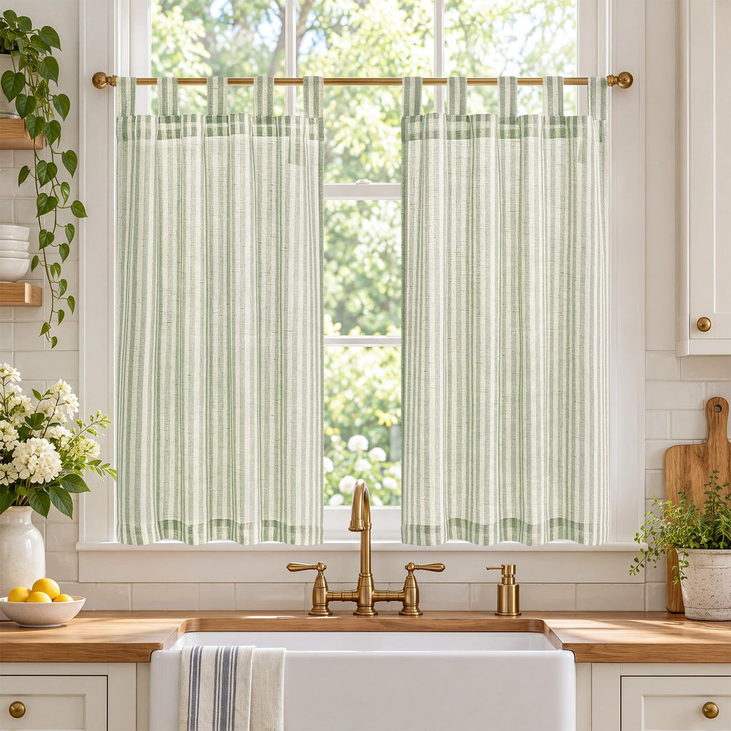 jinchan Striped Linen Kitchen Curtains 36 Inches Length Tier Curtains Farmhouse Modern Cafe Style Small Window Treatments Airy Light Filtering Rod Pocket for Living Room Bathroom 2 Panels Sage Green
