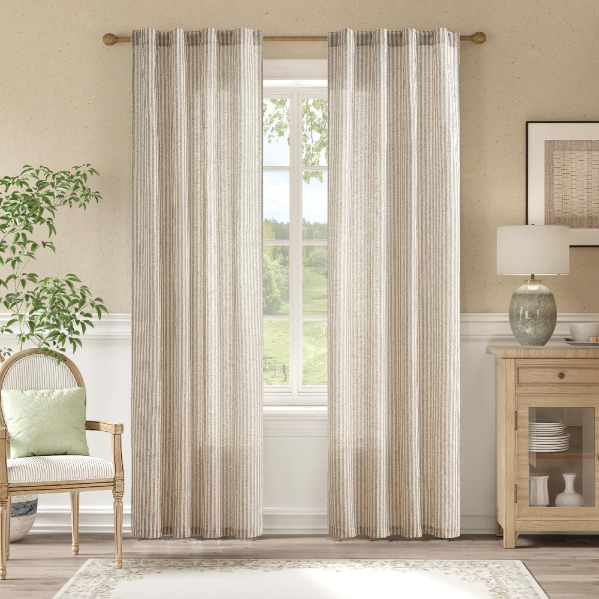 jinchan Linen Curtains 84 Inch Taupe Stripe on Linen Grommet 2 Panels