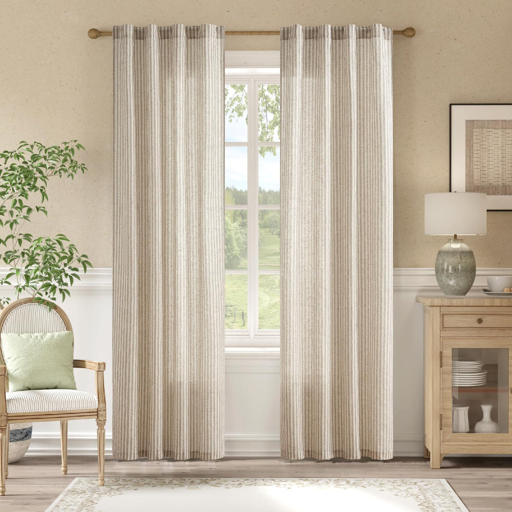 jinchan Linen Curtains 84 Inch Taupe Stripe on Linen Grommet 2 Panels