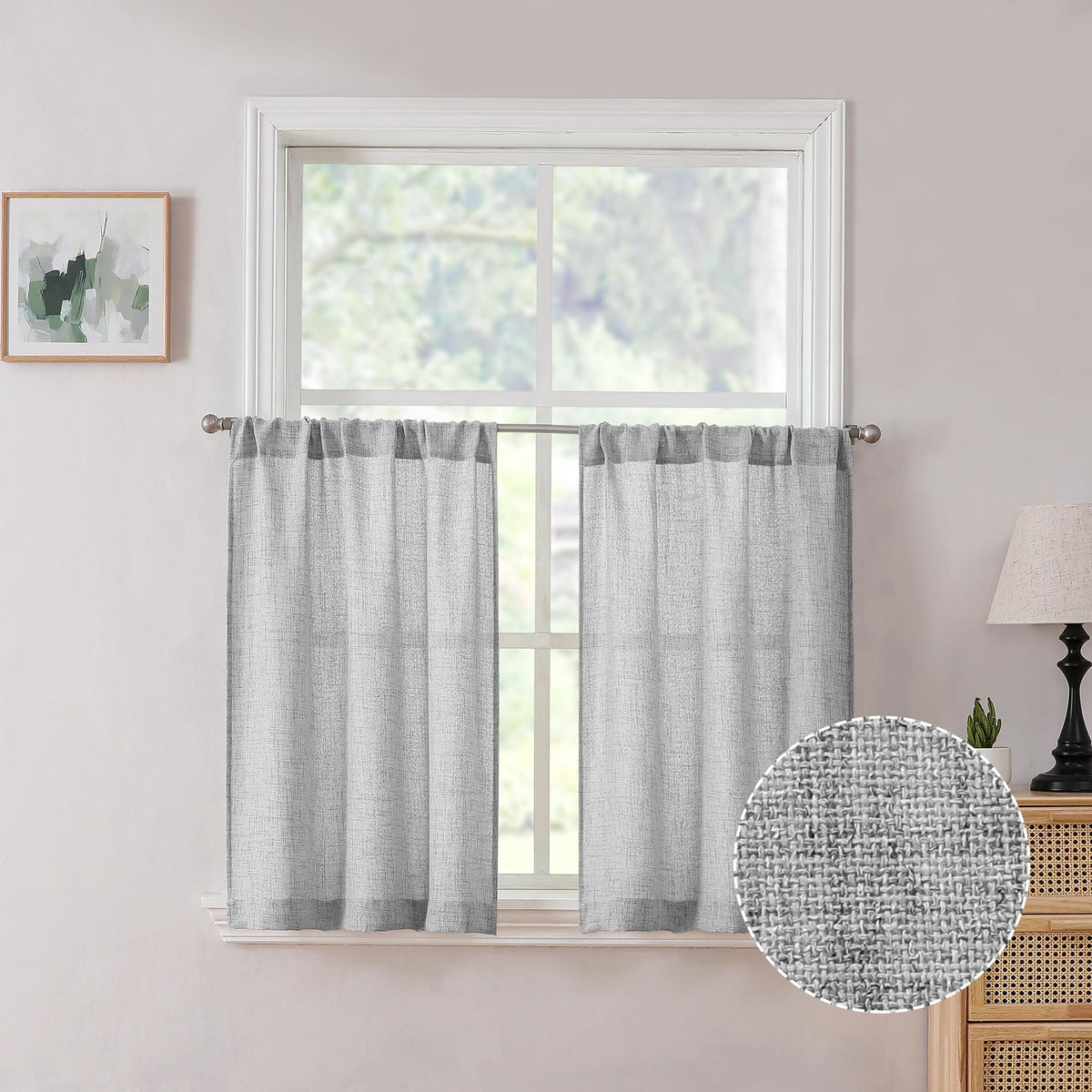 Tollpiz Linen Tier Curtains Rod Pocket Semi Sheer Short Kitchen Curtain Half Burlap Light Filtering Thick Linen Drape for Bathroom, 30 x 30 inches Long, Natural, Set of 2 Panels