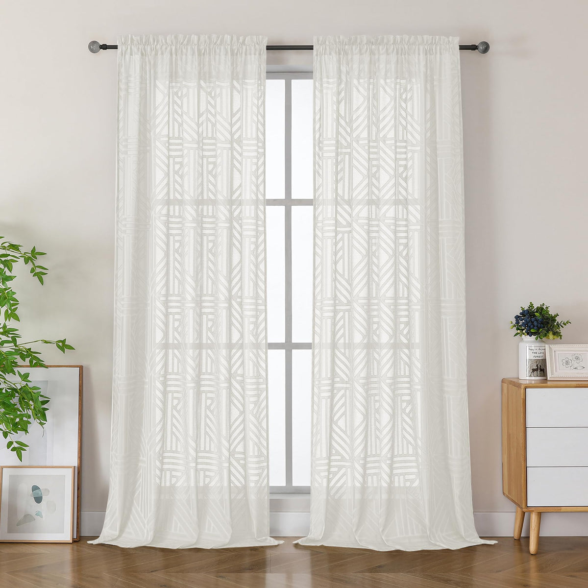 Simplebrand Dusty Blue Semi Sheer Curtains 45 Inch Length 2 Panels, Geometric Jacquard Clip Textured Short Sheer Curtains for Bedroom，Modern Elegant Window Curtains Drapes/Treatment Sheer，42x45 inch