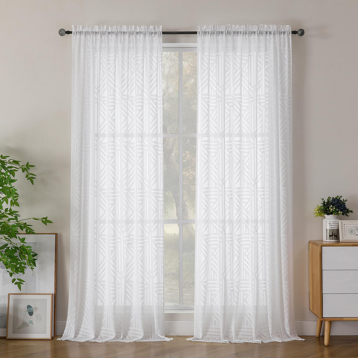 Simplebrand Dusty Blue Semi Sheer Curtains 45 Inch Length 2 Panels, Geometric Jacquard Clip Textured Short Sheer Curtains for Bedroom，Modern Elegant Window Curtains Drapes/Treatment Sheer，42x45 inch