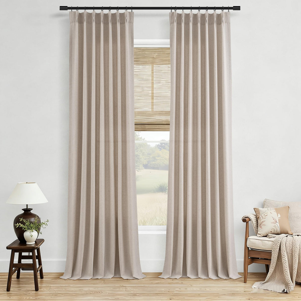 Aersas Linen Pinch Pleated Curtains 84 Inch Length 2 Panels Set for Living Room Cream Semi Sheer Window Curtain for Bedroom Boho Farmhouse Neutral Back Tab Drape Decor with Hooks, Natural Beige Ivory