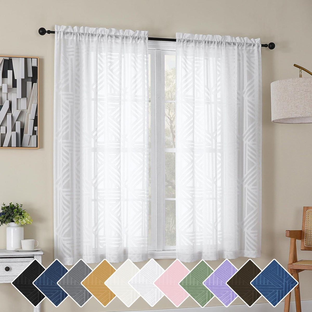Simplebrand Dusty Blue Semi Sheer Curtains 45 Inch Length 2 Panels, Geometric Jacquard Clip Textured Short Sheer Curtains for Bedroom，Modern Elegant Window Curtains Drapes/Treatment Sheer，42x45 inch