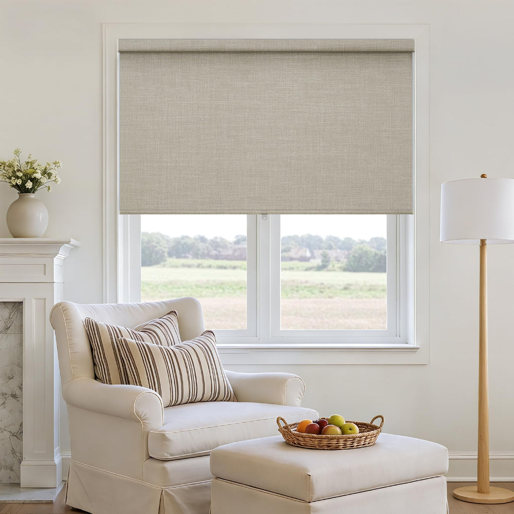 Extra Wide Beige Roller Shades 100% Blackout Blinds for Large Window Bedroom Living Room Dining Free-Stop Cordless Thermal Insulated Black Out Shades with Valance, Room Darkening Blinds Oatmeal,72x72
