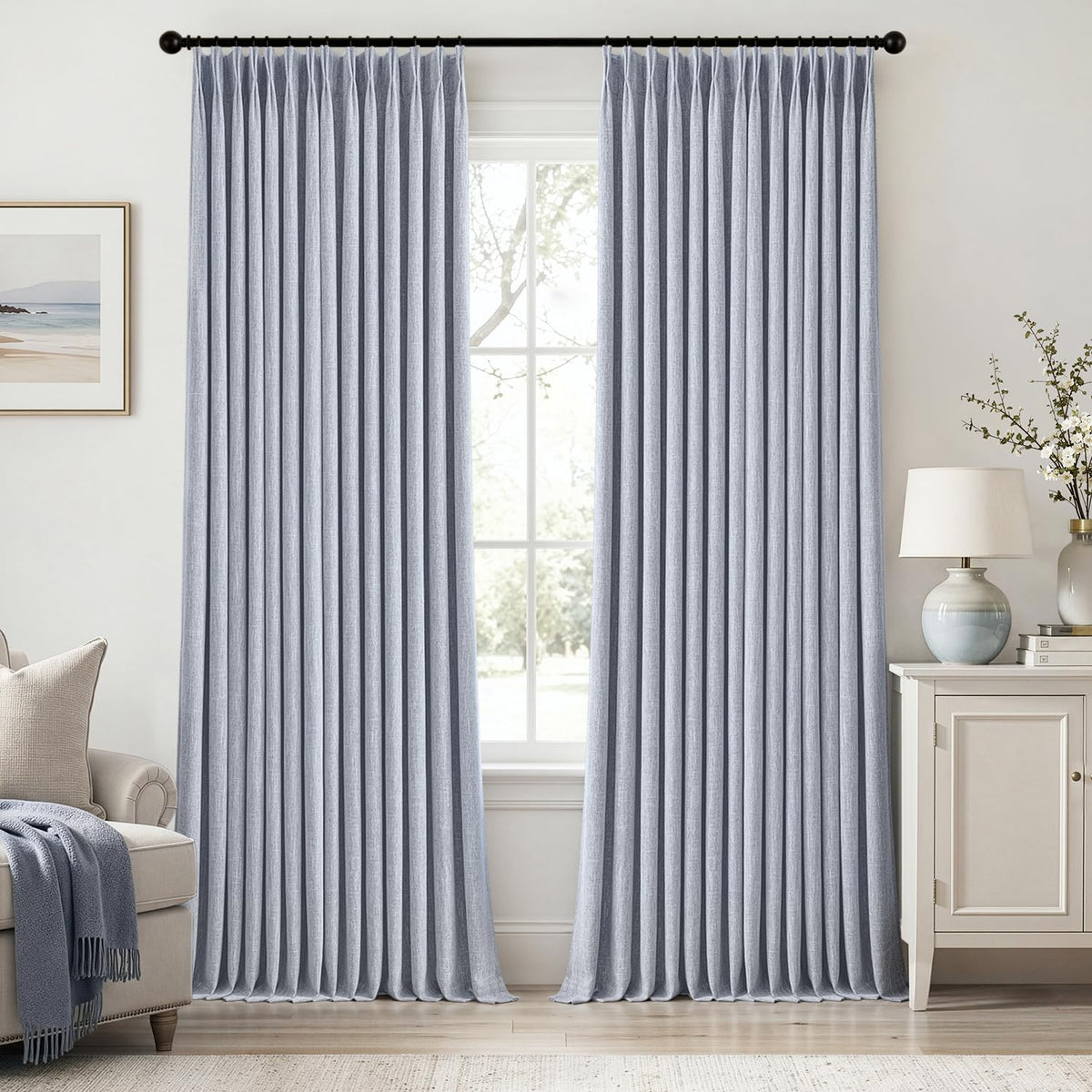 MIULEE Olive Green Pinch Pleated 100% Blackout Linen Curtains 40x108 Inches