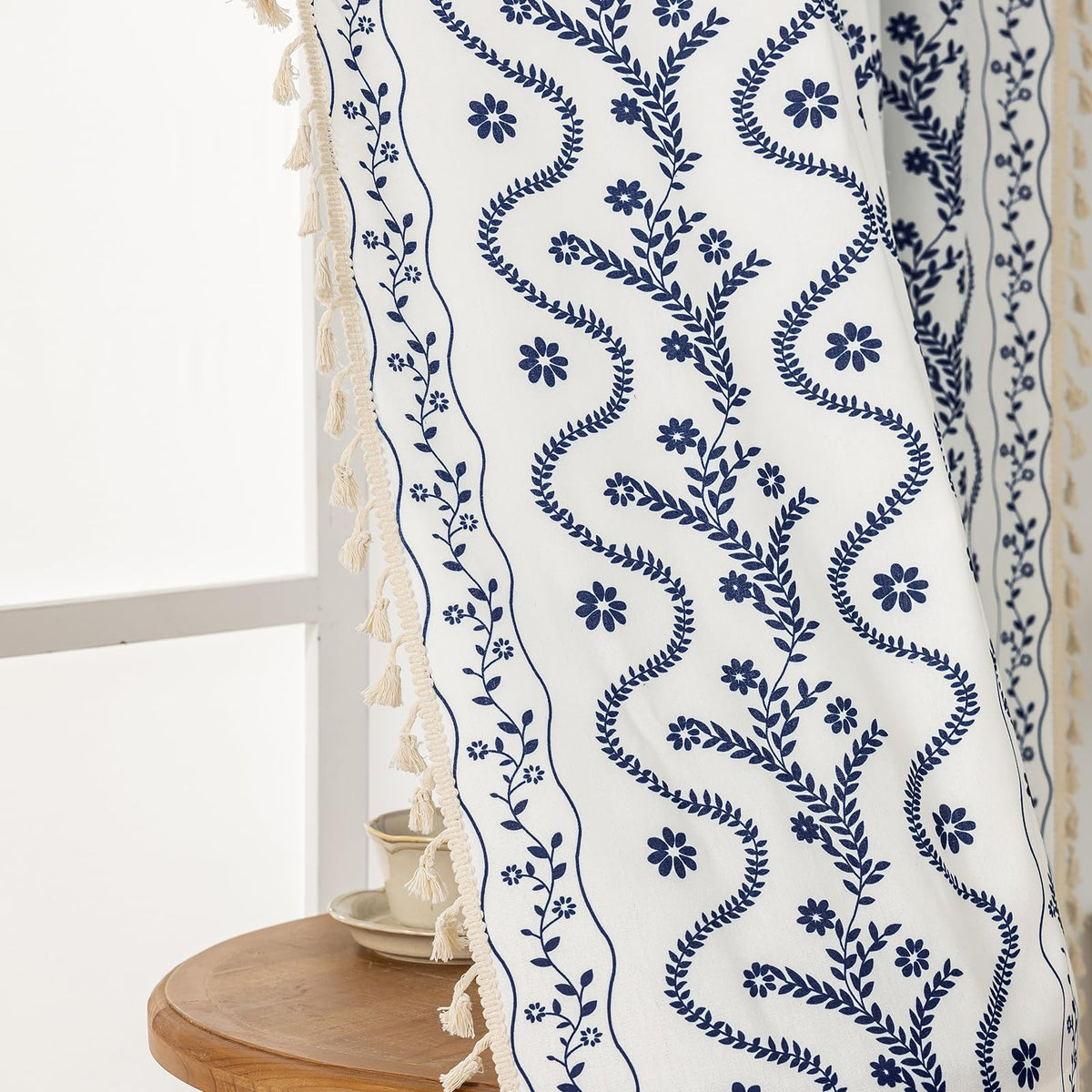 Navy Blue Boho Curtains 72 Inch Long for Living Room, Bedroom, 2 Panels Floral Farmhouse Vintage Tassel Semi Sheer Light Filtering Privacy Window Curtain Drapes with Rod Pocket, Navy Blue