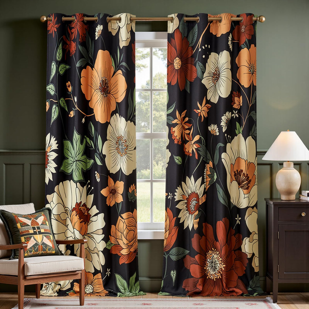 jinchan Black Boho Floral Blackout Curtains W100xL96 Grommet 1 Panel
