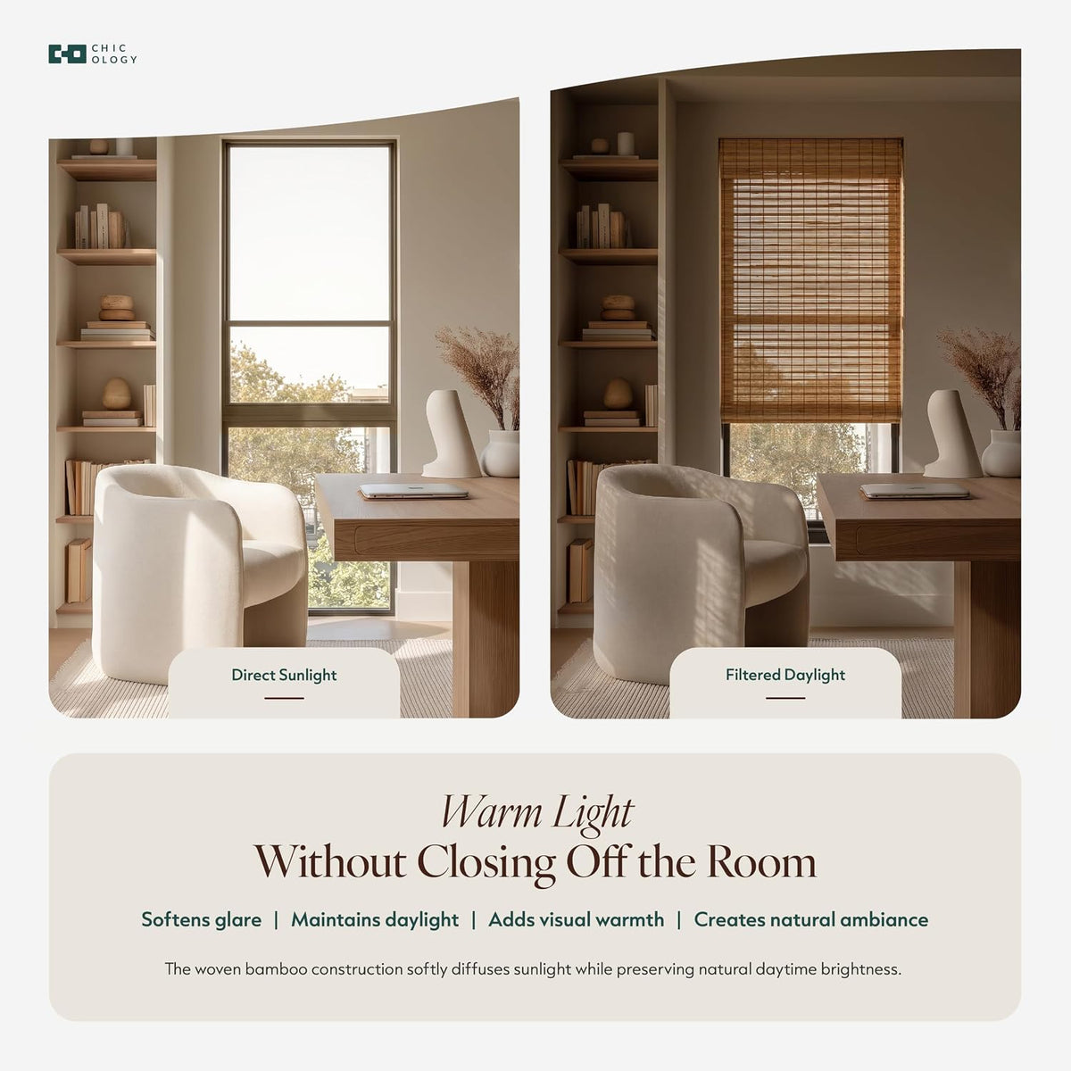 CHICOLOGY Cordless Bamboo Roman Shade, Light Filtering, Squirrel 36"x64"