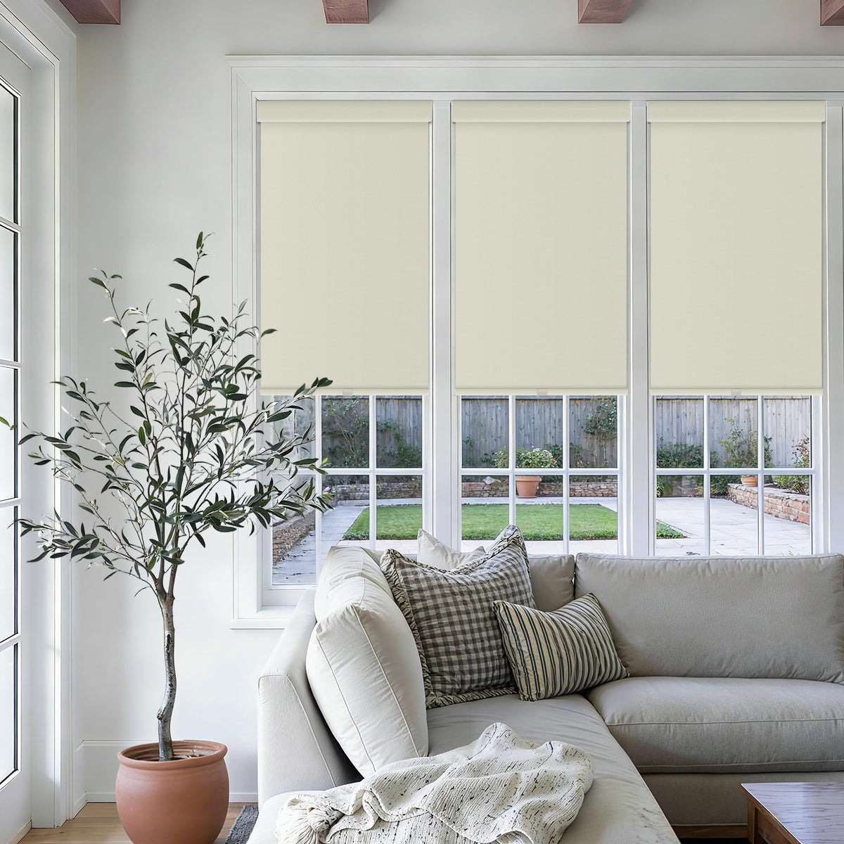 Extra Wide Beige Roller Shades 100% Blackout Blinds for Large Window Bedroom Living Room Dining Free-Stop Cordless Thermal Insulated Black Out Shades with Valance, Room Darkening Blinds Oatmeal,72x72