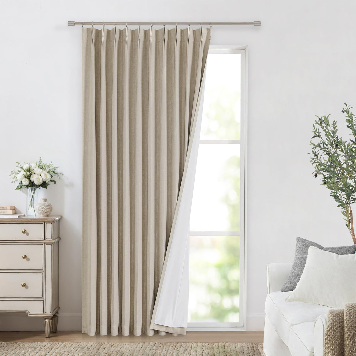 Vision Home Natural Pinch Pleated Full Blackout Curtains Linen Blended Room Darkening Window Curtains 108 inch for Living Room Bedroom Thermal Insulated Pinch Pleat Drapes with Hooks 40" Wx108 Lx2