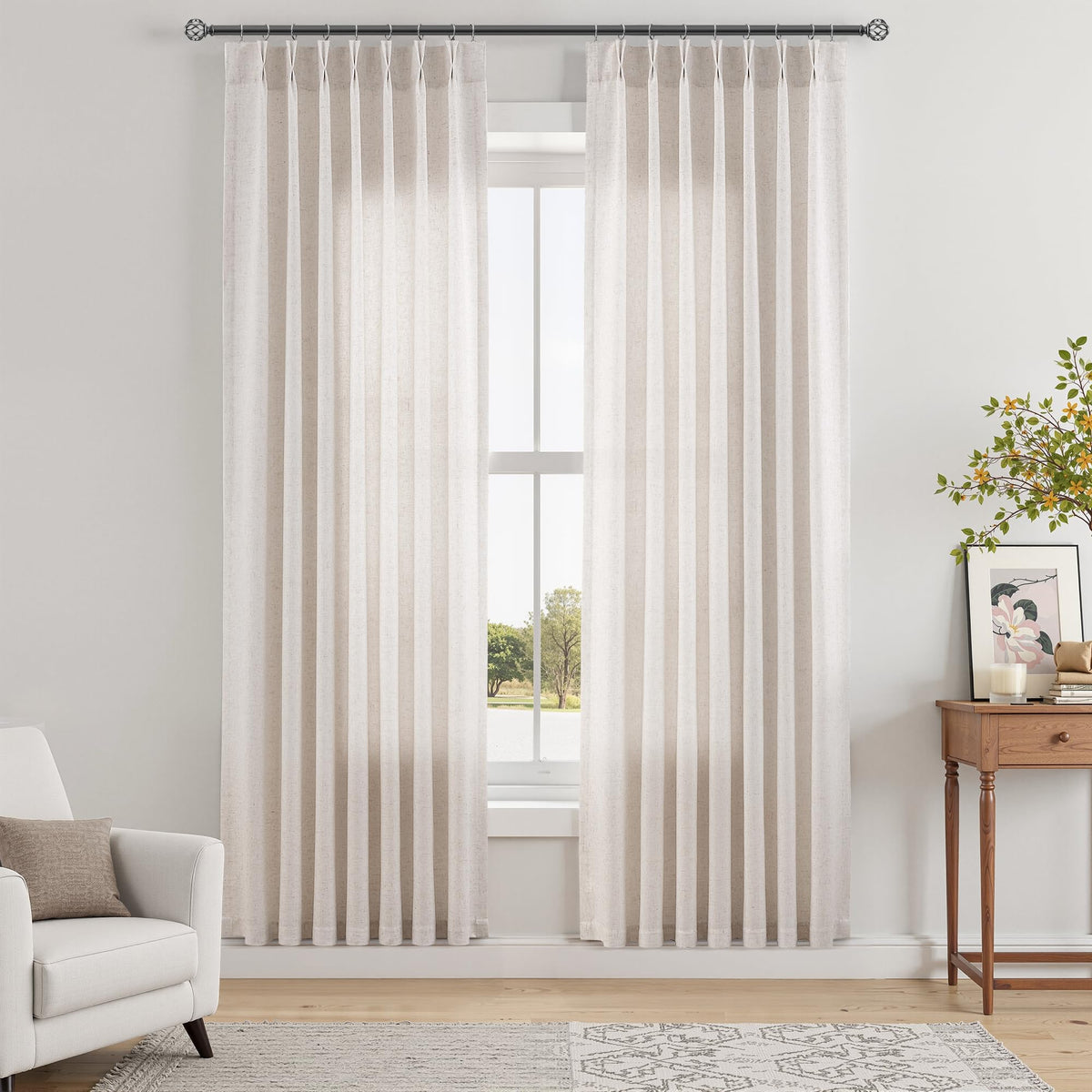 Aersas Linen Pinch Pleated Curtains 84 Inch Length 2 Panels Set for Living Room Cream Semi Sheer Window Curtain for Bedroom Boho Farmhouse Neutral Back Tab Drape Decor with Hooks, Natural Beige Ivory
