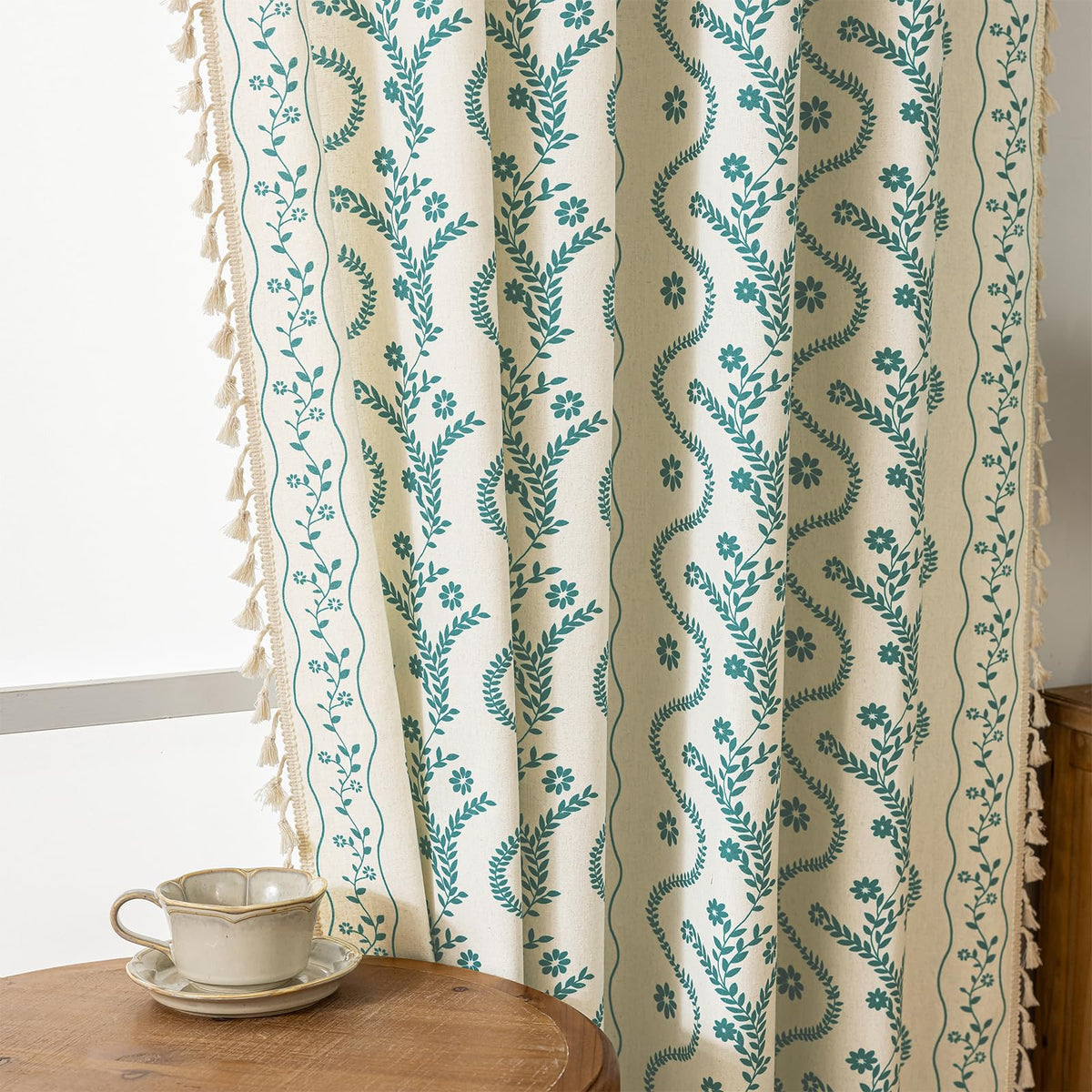 Navy Blue Boho Curtains 72 Inch Long for Living Room, Bedroom, 2 Panels Floral Farmhouse Vintage Tassel Semi Sheer Light Filtering Privacy Window Curtain Drapes with Rod Pocket, Navy Blue