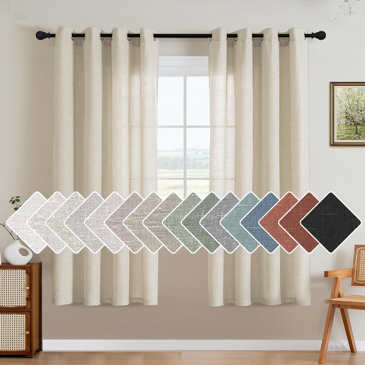 H.VERSAILTEX Natural Linen Grommet Curtains 84 Inch Length for Living Room 2 Panel Drape Semi Sheer Neutral Country Rustic Farmhouse Boho Curtain Bedroom Muslin Look Light Filtering, Heathered Natural
