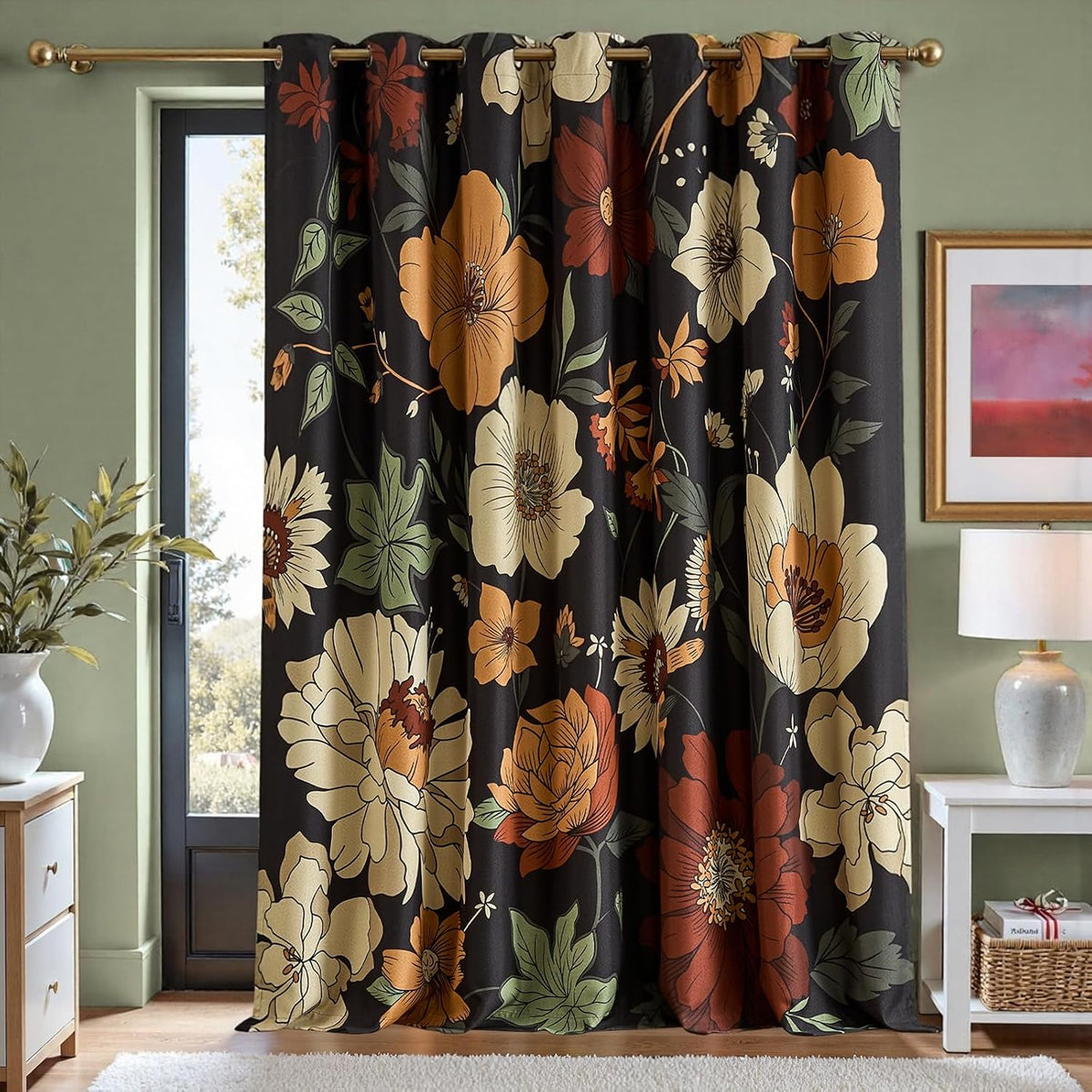 jinchan Black Boho Floral Blackout Curtains W100xL96 Grommet 1 Panel