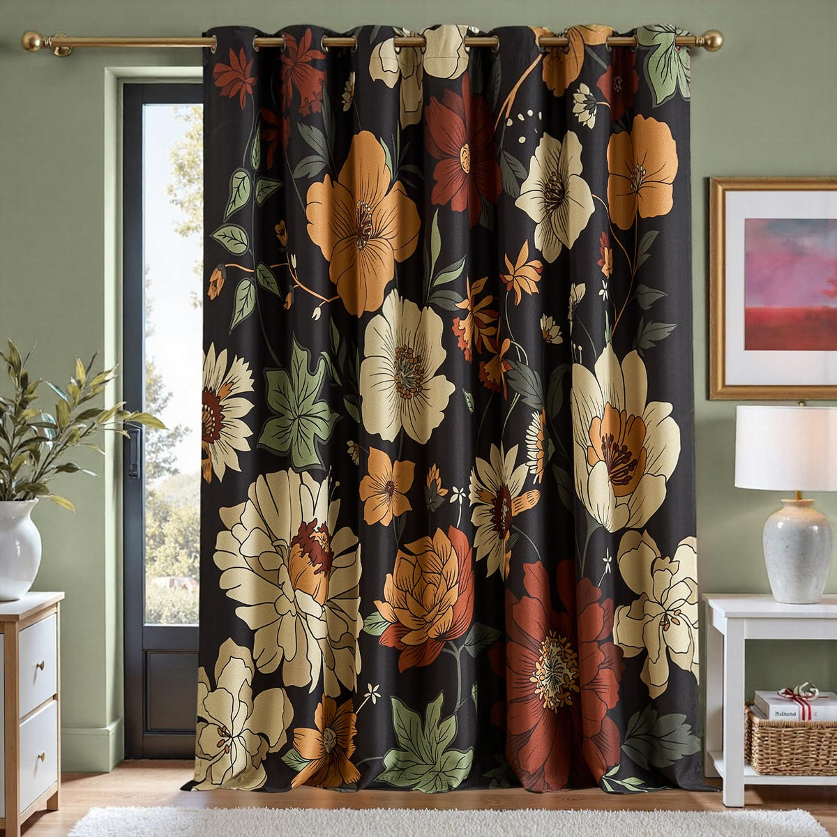 jinchan Black Boho Floral Blackout Curtains W100xL96 Grommet 1 Panel