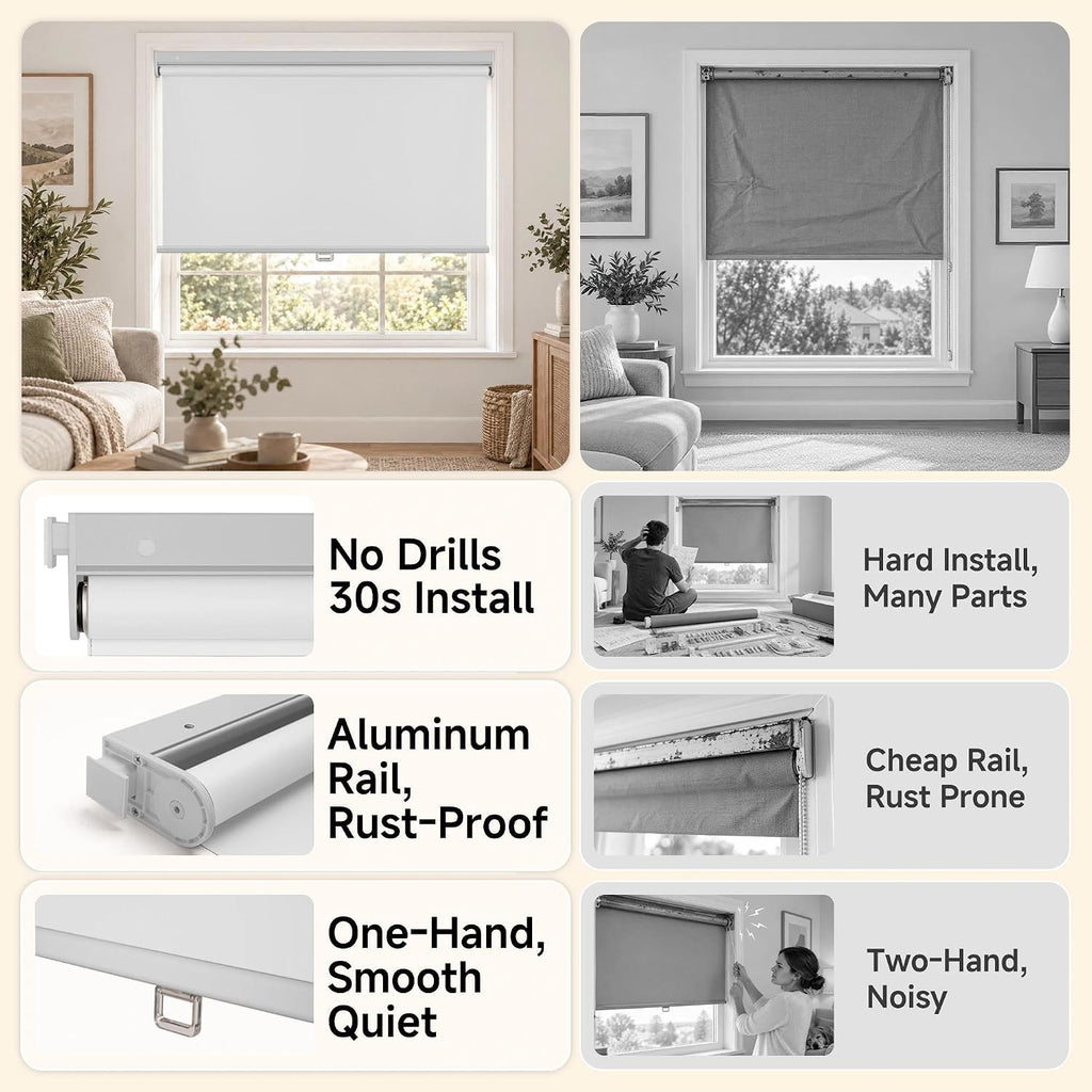 HESTIA No Drill Cordless Blackout Roller Shades Screwless Waterproof Shower Window Blinds, Auto-Retraction Easy Install Blind for Bathroom/Kitchen/Office/Exterior, White, 21" W x 54" H