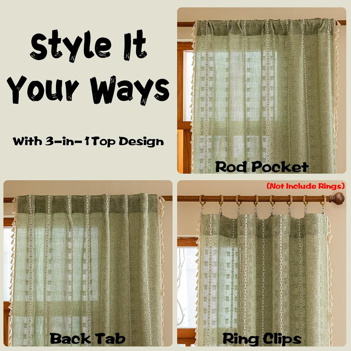 Boho Sheer Sage Green Curtains 84 inches Long 2 Panels for Living Room Bedroom,Farmhouse, Bohemian Tassels Country Light Filtering Xmas Curtains Shabby Chic Embroidery Striped Draps Back Tab, 50" W