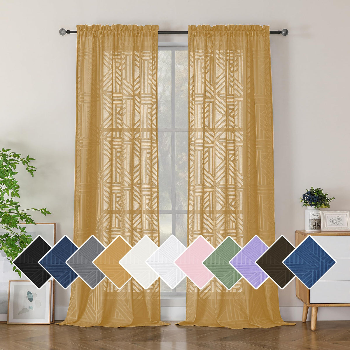 Simplebrand Dusty Blue Semi Sheer Curtains 45 Inch Length 2 Panels, Geometric Jacquard Clip Textured Short Sheer Curtains for Bedroom，Modern Elegant Window Curtains Drapes/Treatment Sheer，42x45 inch