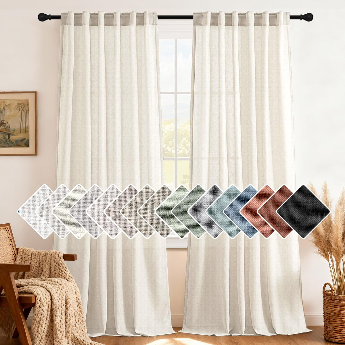 H.VERSAILTEX Natural Linen Grommet Curtains 84 Inch Length for Living Room 2 Panel Drape Semi Sheer Neutral Country Rustic Farmhouse Boho Curtain Bedroom Muslin Look Light Filtering, Heathered Natural