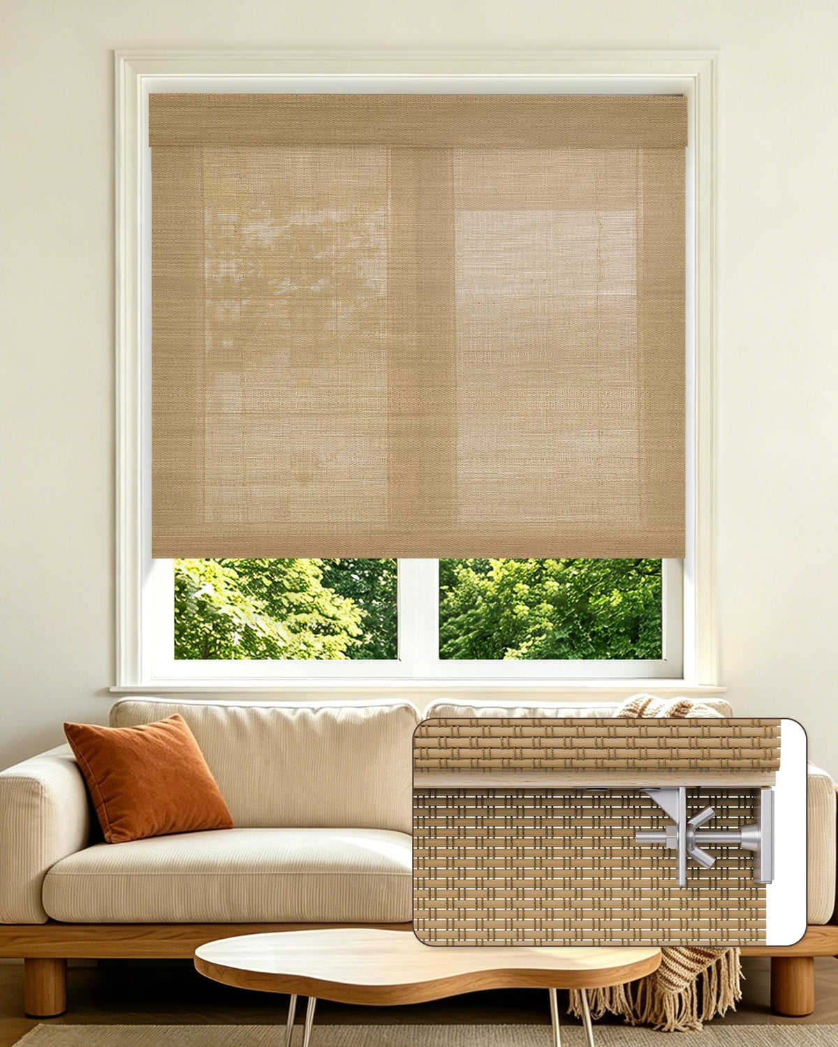 Allesin zen No Drill Cordless Bamboo Roman Shades, Light Filtering 34.5" W x 64" H, Brown